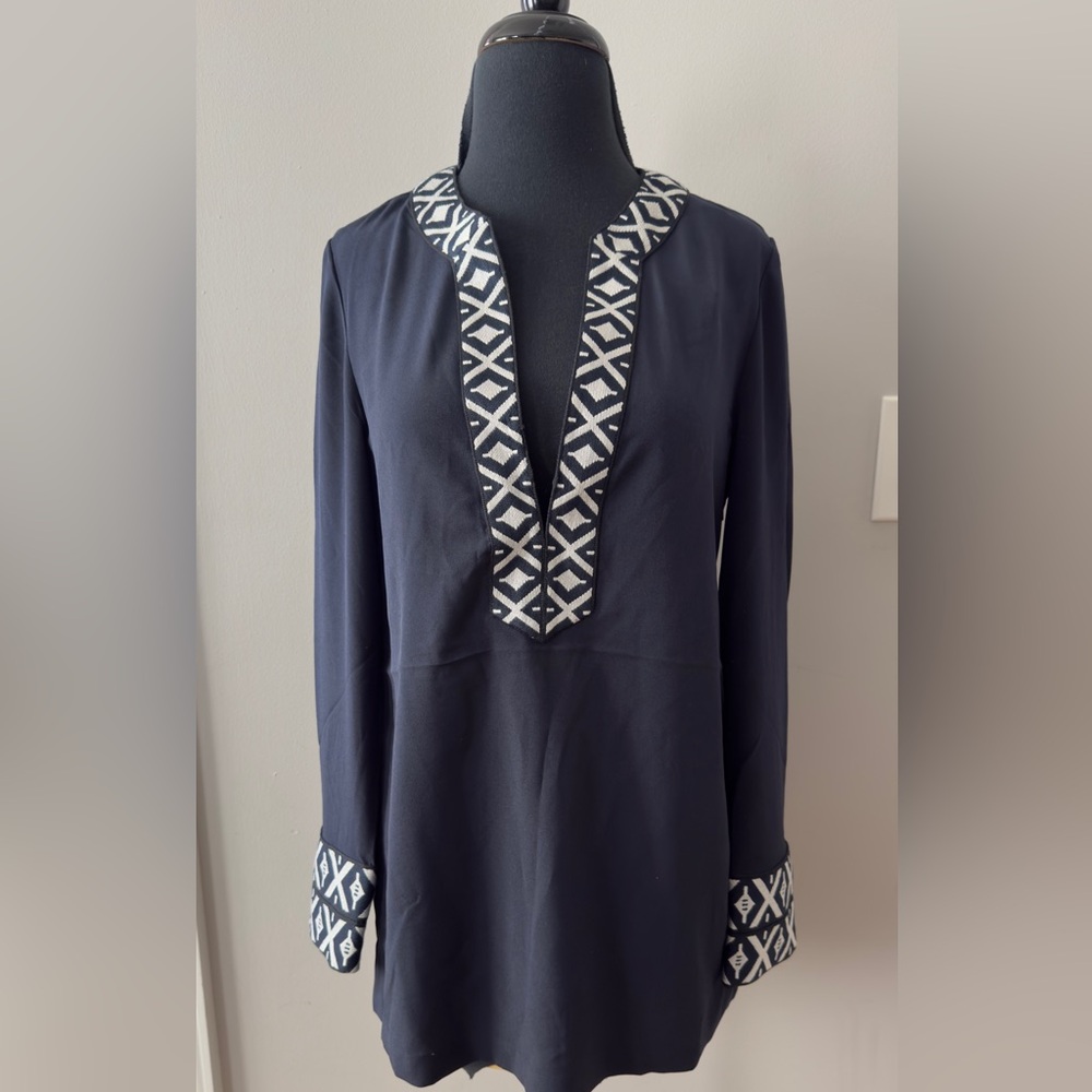 Tory Burch Navy Tunic with White Patterned Accents